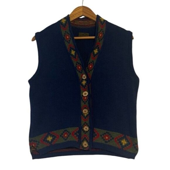 Blue Geometric Sweater Vest Women's Medium Button Made In Argentina Vintage - Picture 1 of 9